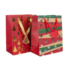 SHOPPER NATALIZIA 23X18X10 CM ALBERELLI E FIOCCHI DI NEVE CON DETTAGLI ORO/ARGENTO E CARTELLINO - CONF. 12 PZ