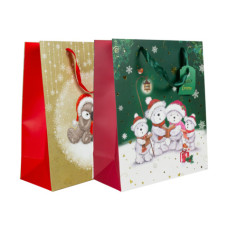 SHOPPER NATALIZIA 32X26X12 CM ORSETTI CON DETTAGLI ORO E CARTELLINO - CONF. 12 PZ