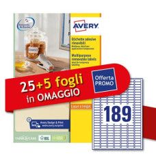 ETICHETTE BIANCHE RIMOVIBILI AVERY LASER/INKJET 189 ET./FOGLIO CONF.25 5 FF OMAGGIO 25,4X10 MM