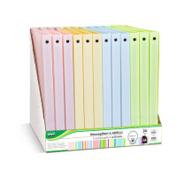 Espositore 12 raccoglitori 4 anelli Lebez in pp - a4 ø 30 mm - colori pastello assortiti