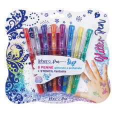 PENNA GEL GLITTER CON CAPPUCCIO E INCHIOSTRO PROFUMATO STENCIL LEBEZ CONF. 6 COLORI ASSORTITI